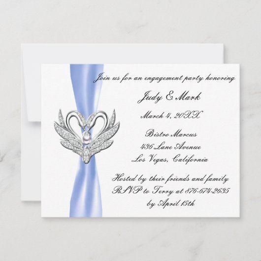 Blauw lint zilveren zwanen verlovingsfeest uitnodi kaart (Voorkant)