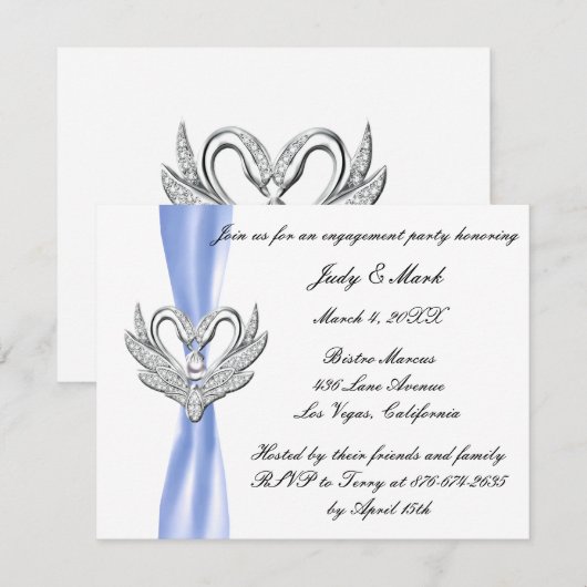 Blauw lint zilveren zwanen verlovingsfeest uitnodi kaart (Voorkant / Achterkant)