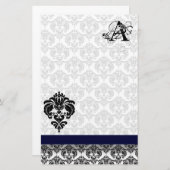 Blauw lint Zwart Damast Monogram Gerecycled papier (Voorkant / Achterkant)
