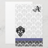 Blauw lint Zwart Damast Monogram Gerecycled papier (Voorkant / Achterkant)