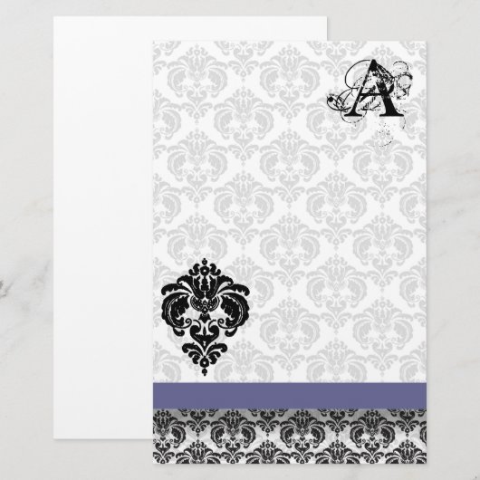 Blauw lint Zwart Damast Monogram Gerecycled papier (Voorkant / Achterkant)