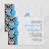 Blauw lint zwart-wit damasks bruiloft kaart (Voorkant / Achterkant)