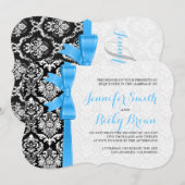 Blauw lint zwart-wit damasks bruiloft kaart (Voorkant / Achterkant)
