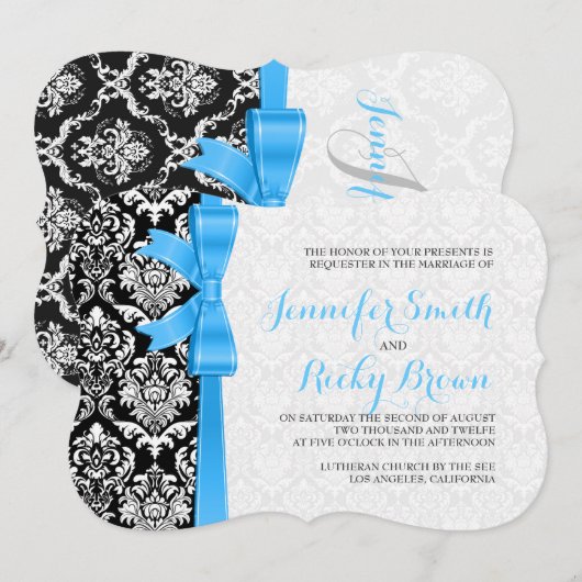 Blauw lint zwart-wit damasks bruiloft kaart (Voorkant / Achterkant)