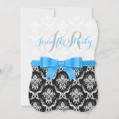 Blauw lint zwart-wit damasks bruiloft kaart (Achterkant)