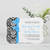 Blauw lint zwart-wit damasks bruiloft kaart (Staand voorkant)