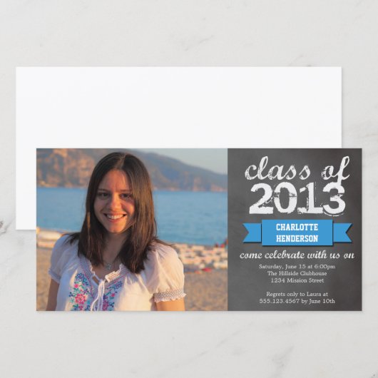 Blauw lintbalkbordfotobord afstuderen aankondiging (Voorkant / Achterkant)