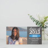 Blauw lintbalkbordfotobord afstuderen aankondiging (Staand voorkant)