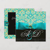 BLAUW LINTE TURQUOISE WIT ZWART DAMAST MONOGRAM KAART (Voorkant / Achterkant)