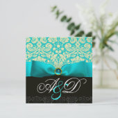 BLAUW LINTE TURQUOISE WIT ZWART DAMAST MONOGRAM KAART (Staand voorkant)