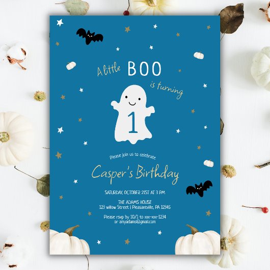 Blauw Little Boo Halloween 1e Verjaardag Kaart