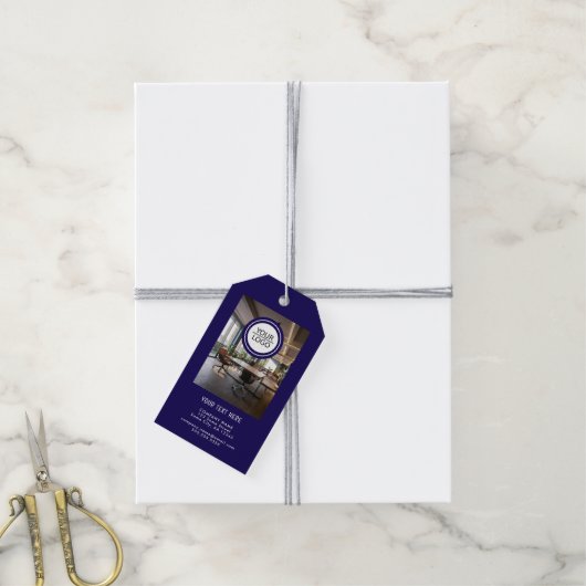 Blauw Logo Toevoegen Aangepaste Tekst QR Code Bedr Cadeaulabel (Met Touw)