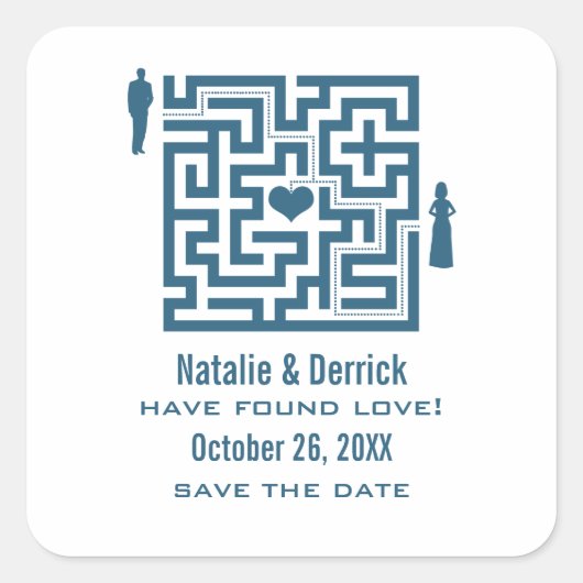 Blauw Love Maze Save the Date Stickers (Voorkant)