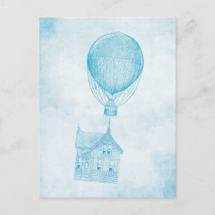 blauw, luchtballon, bewegend katoen briefkaart