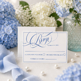 Blauw luxe kalligrafie bruiloft RSVP kaartje