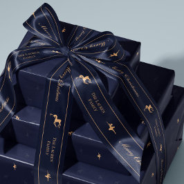 Blauw luxe kerstlint met naam satijnen lint