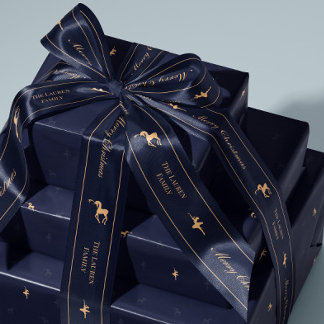 Blauw luxe kerstlint met naam satijnen lint