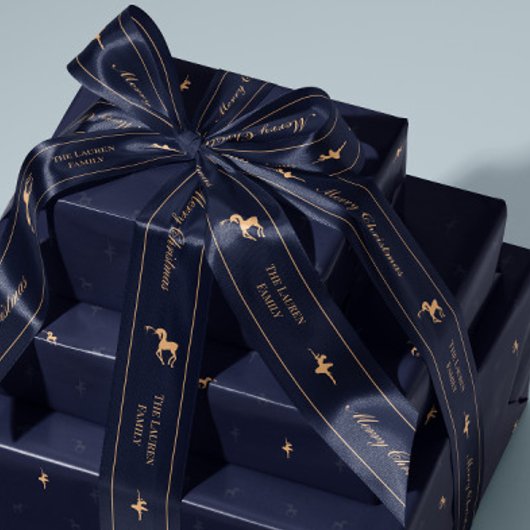 Blauw luxe kerstlint met naam satijnen lint
