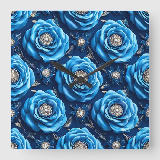 Blauw Luxe Roos Design Modern Vierkante Klok (Voorkant)