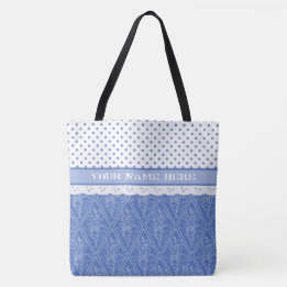 Blauw maagdenpalmpatroon, nep kant, polka stippen tote bag