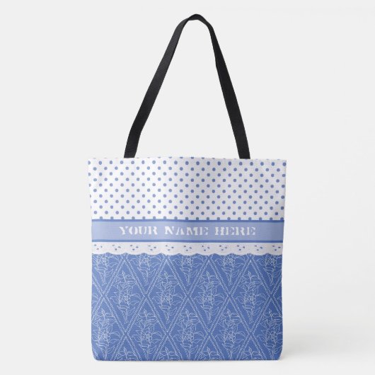 Blauw maagdenpalmpatroon, nep kant, polka stippen tote bag (Voorkant)