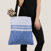 Blauw maagdenpalmpatroon, nep kant, polka stippen tote bag (Dichtbij)