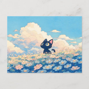 Blauw Madeliefje Weiland Kawaii Zwarte Kat Briefkaart