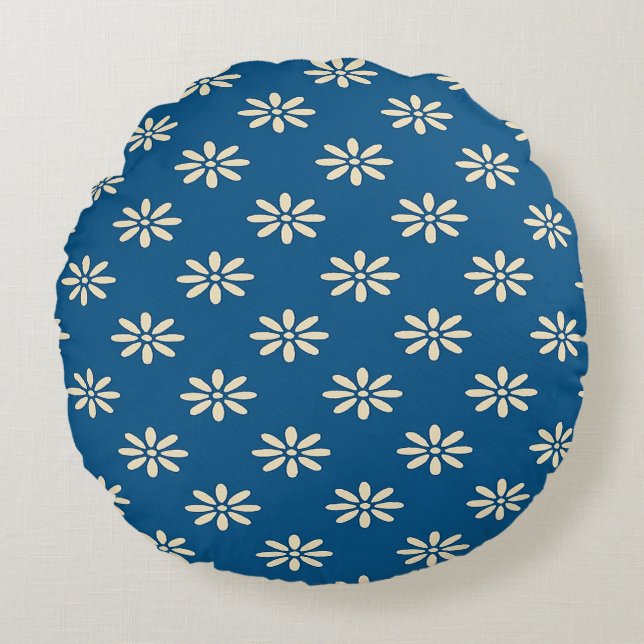 Blauw Madeliefjespatroon Ronde Kussen (Voorkant)