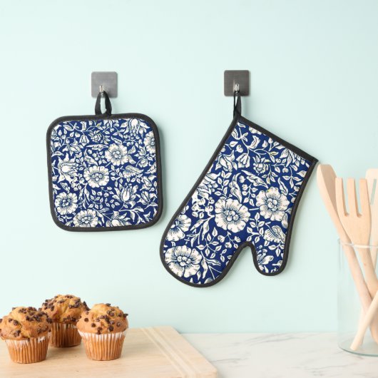 Blauw Mallow patroon door William Morris, Ovenwant & Pannenlap Set (Insitu(Ophanging))
