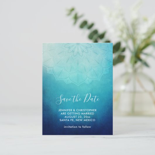 Blauw Mandala Abstract Save the Date Briefkaart (Staand voorkant)
