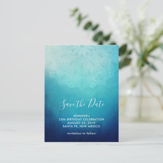 Blauw Mandala Abstract Save the Date Briefkaart (Staand voorkant)