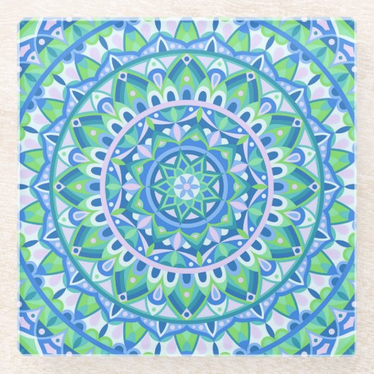 Blauw Mandala Boho Geometrisch Spiritueel Tafel De Glazen Onderzetter (Voorkant)