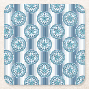 Blauw mandala patroon op gestreepte achtergrond kartonnen onderzetters
