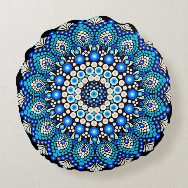 Blauw Mandala Patroon Worp Kussen Boho Decoratie  (Achterkant)