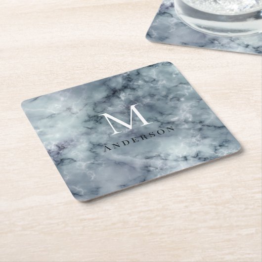 Blauw mannelijk dubbel monogram kartonnen onderzetters (Schuin)