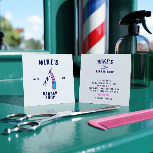  blauw mannen kapperszaak scheermesje haarstylist vierkante visitekaartje