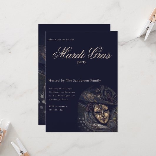 Blauw Mardi Gras Carnaval Mask Party Kaart (Voorkant / Achterkant in situ)