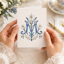 Blauw Maria-monogram katholieke briefpapier Bedank Bedankkaart