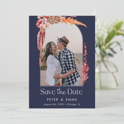 Blauw Marine | Avond Save the Date Pampas Gras Feestdagenkaart (Staand voorkant)