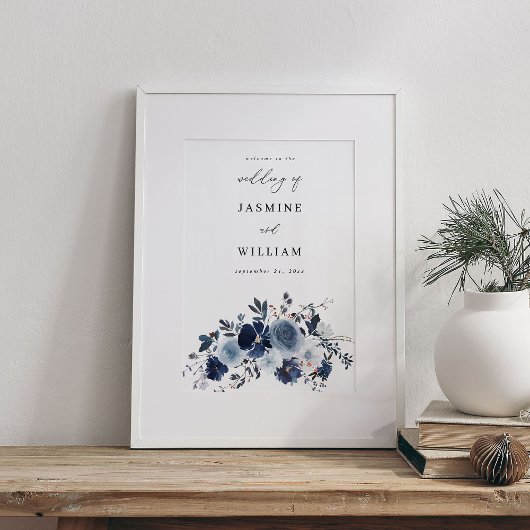 Blauw & Marine Bloem Bruiloft Welkom Poster