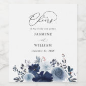 Blauw & Marine Bloem Bruiloft Wijn Etiket (Enkel label)