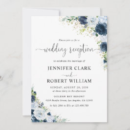 Blauw marine bloemachtig trouwreceptie uitnodiging