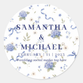 Blauw marine bloemen bloemboeket bruiloft ronde sticker