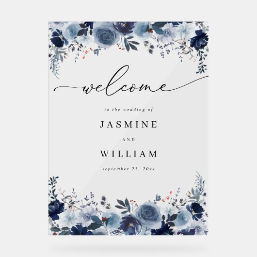 Blauw & Marine Bloemen Bruiloft Welkom 2 Acryl Bord (Voorkant)