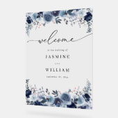 Blauw & Marine Bloemen Bruiloft Welkom 2 Acryl Bord (Hoek)