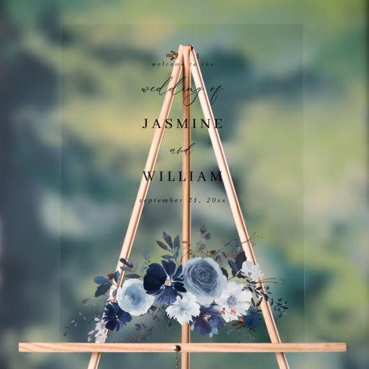 Blauw & Marine Bloemen Bruiloft Welkom Acryl Bord (Neutraal)