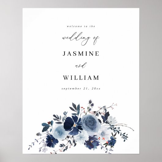 Blauw & Marine Bloemen Bruiloft Welkom Poster (Voorkant)