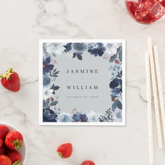 Blauw & Marine Bloemen Naam Servetten- Blauw Grijs Servet (Insitu)