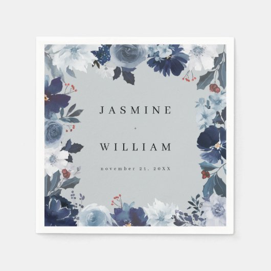 Blauw & Marine Bloemen Naam Servetten- Blauw Grijs Servet (Voorkant)