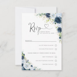 Blauw Marine Bloemig Huwelijk Met Maaltijdkeuze RS RSVP Kaartje